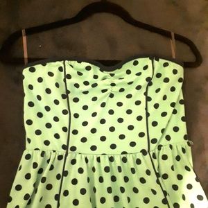 Green and Navy Strapless Polka Dot Dress